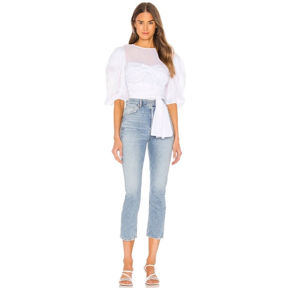 LPA Lancaster Blouse White Puff Sleeve Wrap Bow Sheer Gauze Sweetheart Neckline - Picture 4 of 7